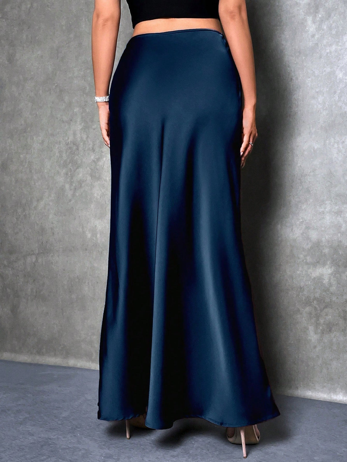 Glamine Women's Satin Skirt, Versatile Fish Tail Hem Skirt, Daily Wear, Navy Blue
