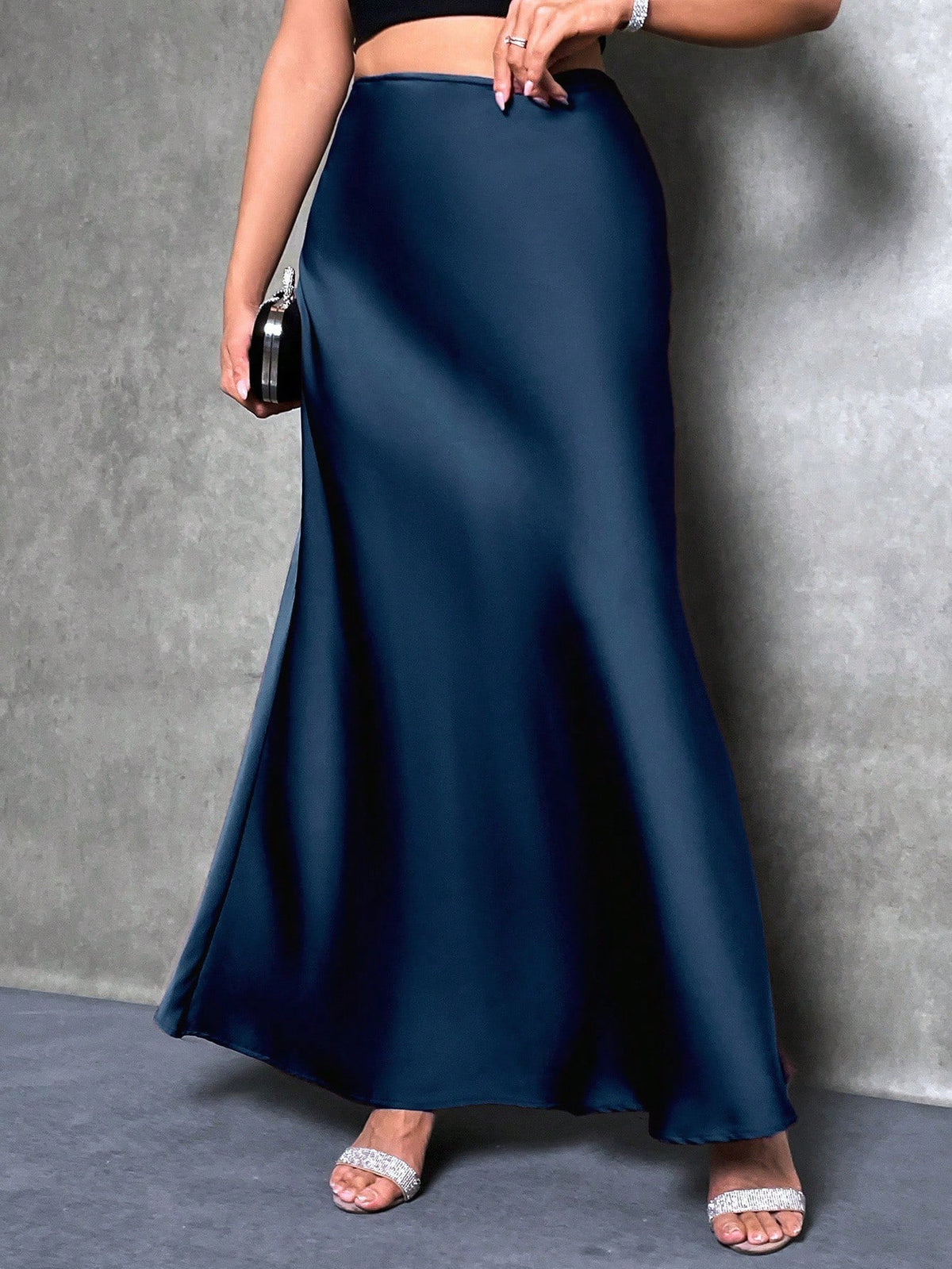 Glamine Women's Satin Skirt, Versatile Fish Tail Hem Skirt, Daily Wear, Navy Blue