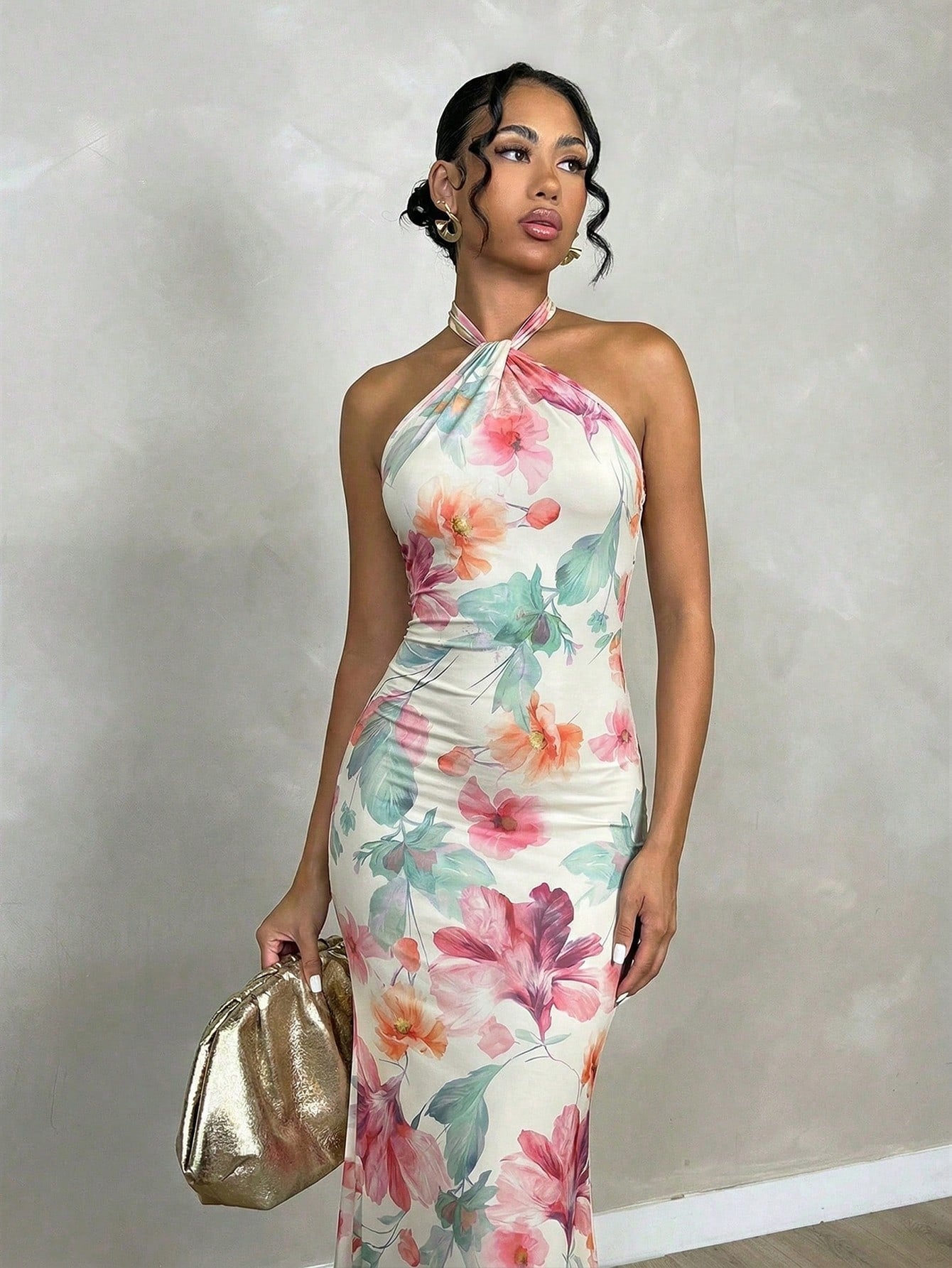 Glamine Women's White Floral Halterneck Back-Twist Backless Slim Fit Bodycon Maxi Dress,Elegant Seductive Summer Holiday Vacation Nightclub Tropical Outfits