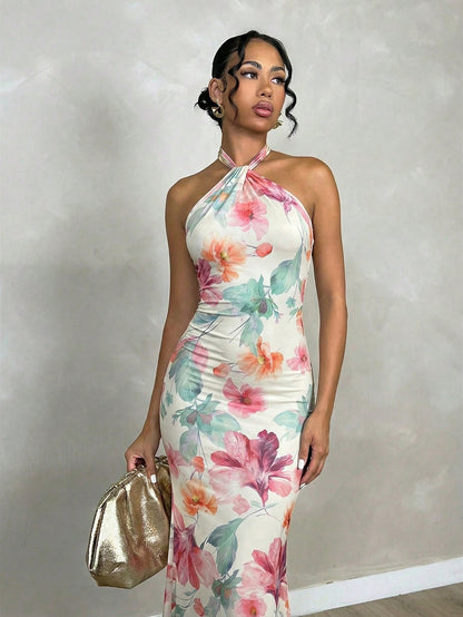 Glamine Women's White Floral Halterneck Back-Twist Backless Slim Fit Bodycon Maxi Dress,Elegant Seductive Summer Holiday Vacation Nightclub Tropical Outfits
