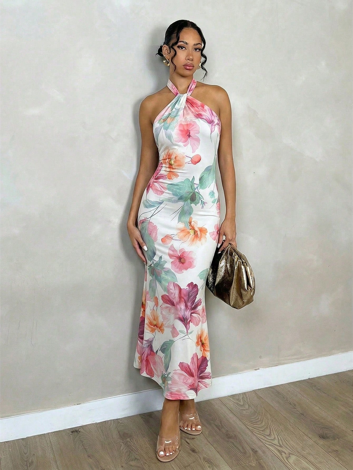 Glamine Women's White Floral Halterneck Back-Twist Backless Slim Fit Bodycon Maxi Dress,Elegant Seductive Summer Holiday Vacation Nightclub Tropical Outfits