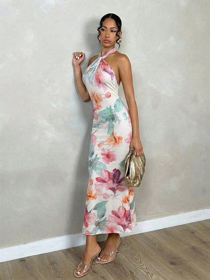 Glamine Women's White Floral Halterneck Back-Twist Backless Slim Fit Bodycon Maxi Dress,Elegant Seductive Summer Holiday Vacation Nightclub Tropical Outfits