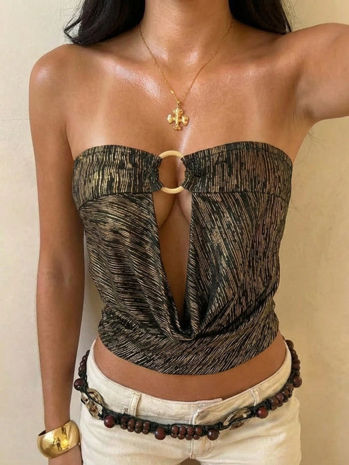 Glamour Women's Black And Gold Knit Sleeveless Top With Foil Printing, Chic Cutout Front Strapless Top, Summer Metallic Club Night Party Beach Vacation