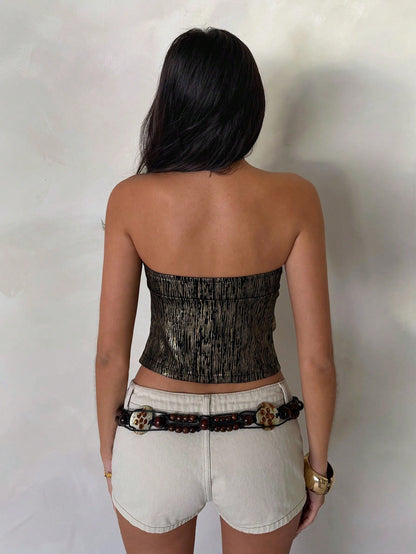 Glamour Women's Black And Gold Knit Sleeveless Top With Foil Printing, Chic Cutout Front Strapless Top, Summer Metallic Club Night Party Beach Vacation