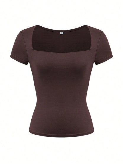GLAMSKIN Women's Summer/Autumn Basic Solid Color Square Neck Short Sleeve Cropped T-Shirt, Y2K Sexy Slim Fit Casual Top, Back To School/Outing/Daily/Streetwear
