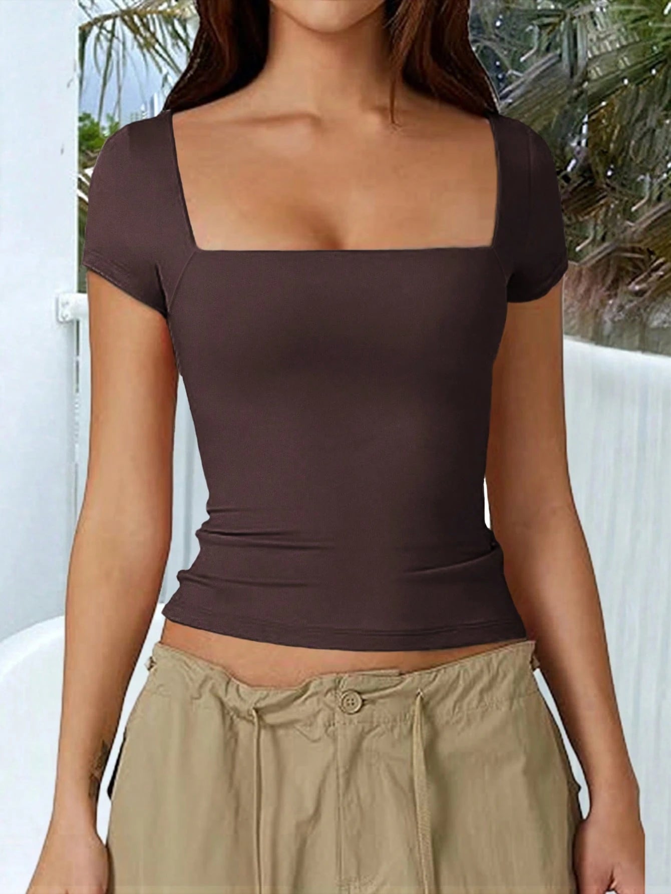 GLAMSKIN Women's Summer/Autumn Basic Solid Color Square Neck Short Sleeve Cropped T-Shirt, Y2K Sexy Slim Fit Casual Top, Back To School/Outing/Daily/Streetwear