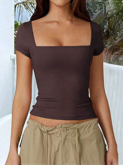 GLAMSKIN Women's Summer/Autumn Basic Solid Color Square Neck Short Sleeve Cropped T-Shirt, Y2K Sexy Slim Fit Casual Top, Back To School/Outing/Daily/Streetwear