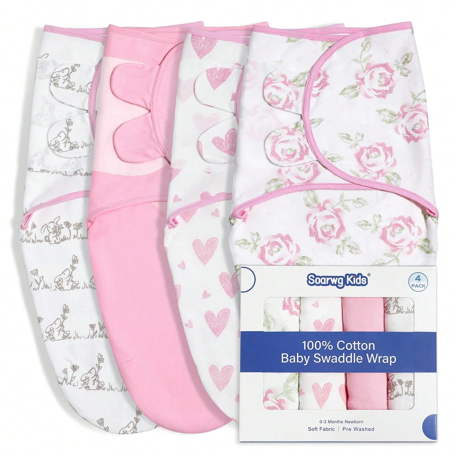 Gllquen Baby Organic Cotton Swaddle Blankets 4-Pack For 0-3 Months Newborn Girls, Pink Floral