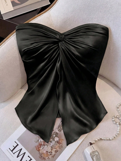GlowEve CURVE Plus Size Women's Solid Color Twist Ruched Bandeau Top, Suitable For Daily Wear, Vacation, Outing, Party, Spring/Summer