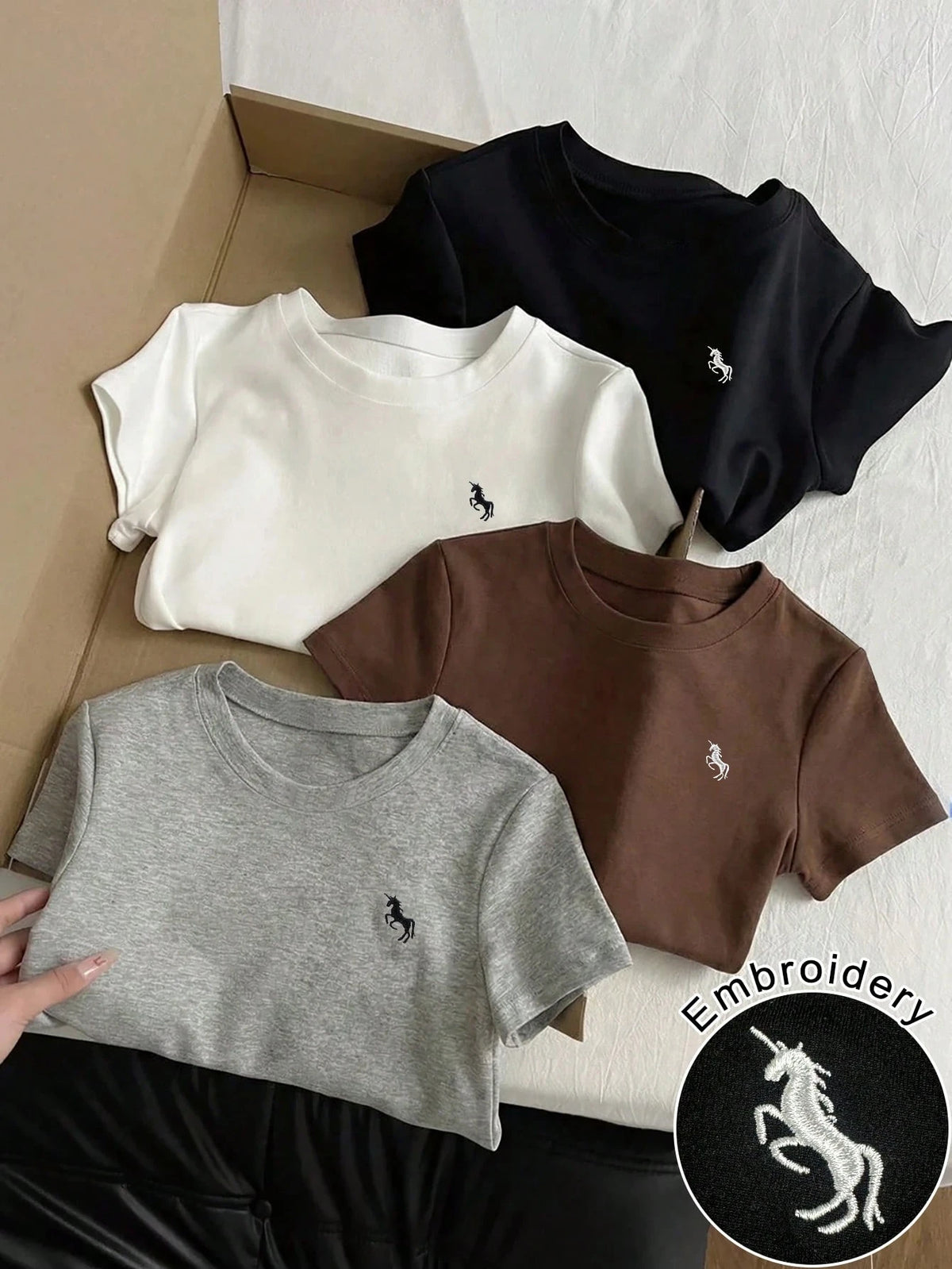 GlowEve Multicolor Knitted Short Sleeve Crop Top For Women, Round Neck With Stylish Unicorn Embroidery