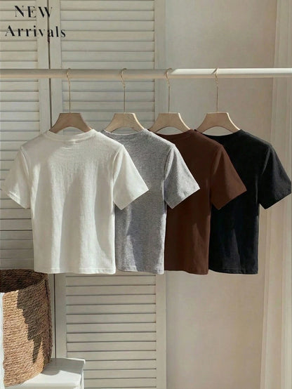 GlowEve Multicolor Knitted Short Sleeve Crop Top For Women, Round Neck With Stylish Unicorn Embroidery