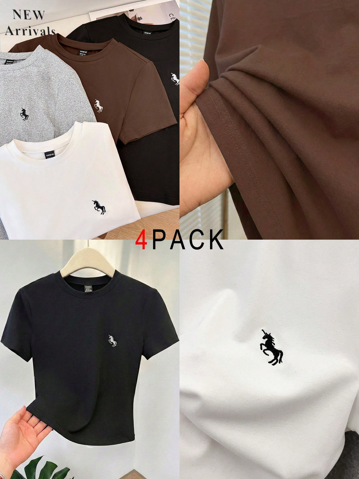 GlowEve Multicolor Knitted Short Sleeve Crop Top For Women, Round Neck With Stylish Unicorn Embroidery
