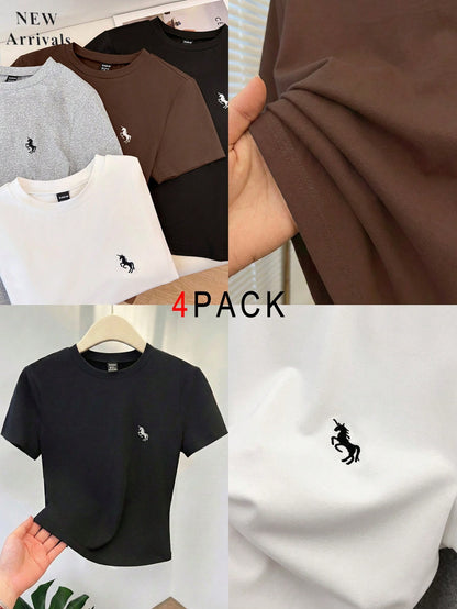 GlowEve Multicolor Knitted Short Sleeve Crop Top For Women, Round Neck With Stylish Unicorn Embroidery