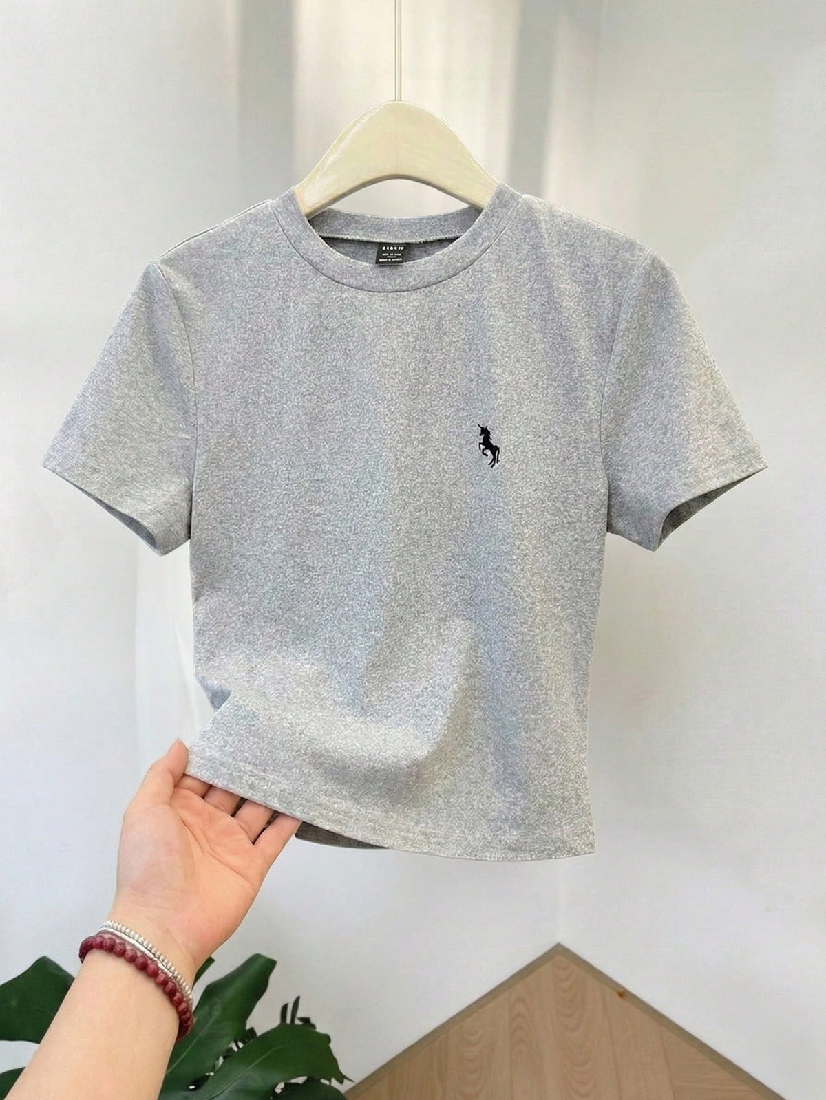 GlowEve Multicolor Knitted Short Sleeve Crop Top For Women, Round Neck With Stylish Unicorn Embroidery