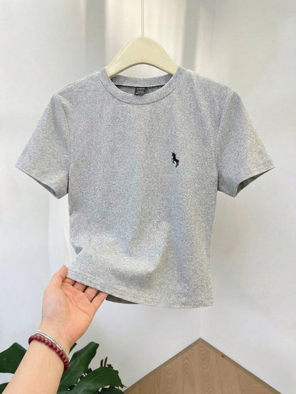 GlowEve Multicolor Knitted Short Sleeve Crop Top For Women, Round Neck With Stylish Unicorn Embroidery