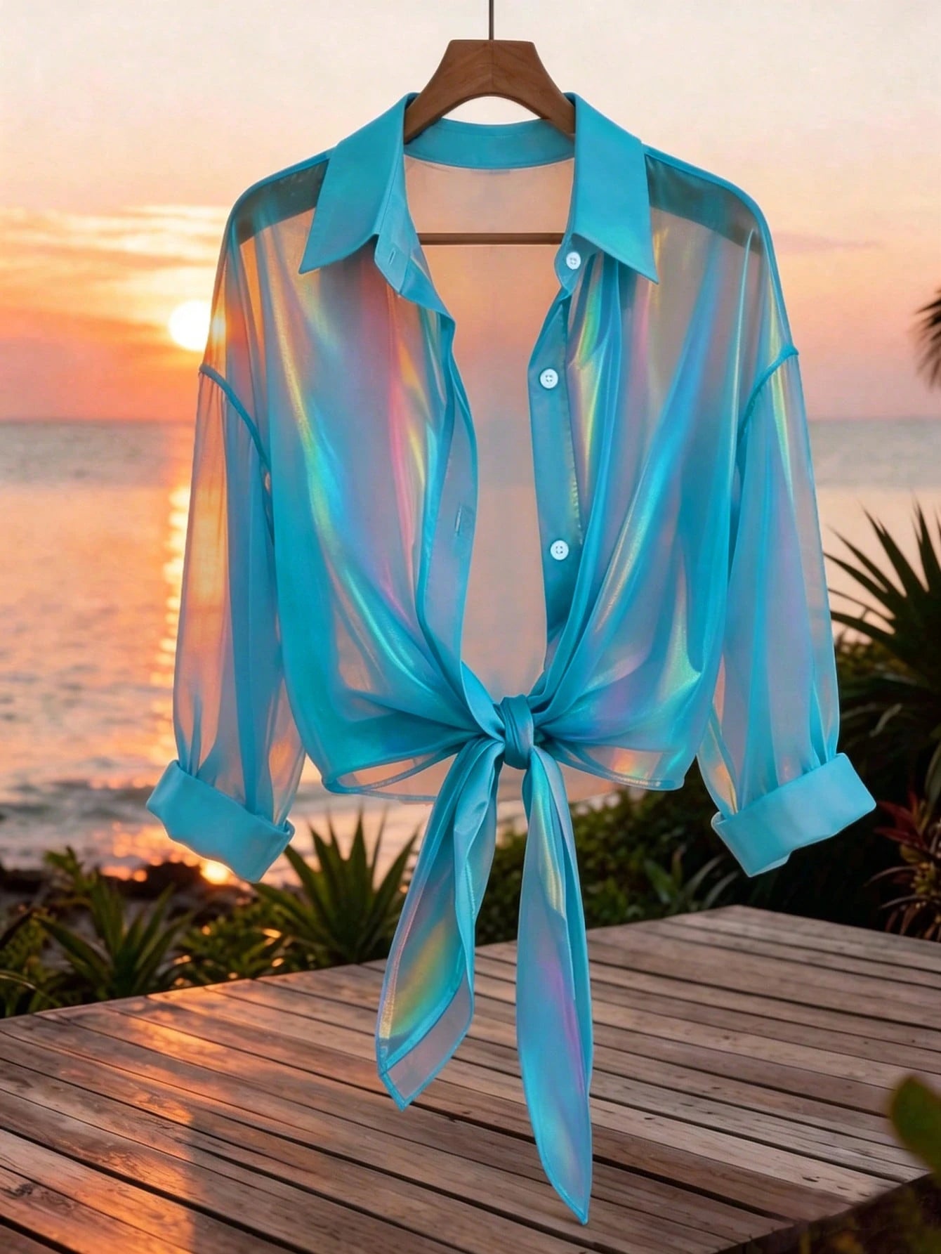 GlowEve Premium Iridescent Sheer Chiffon Tie-Front Casual Vacation Blouse For Women