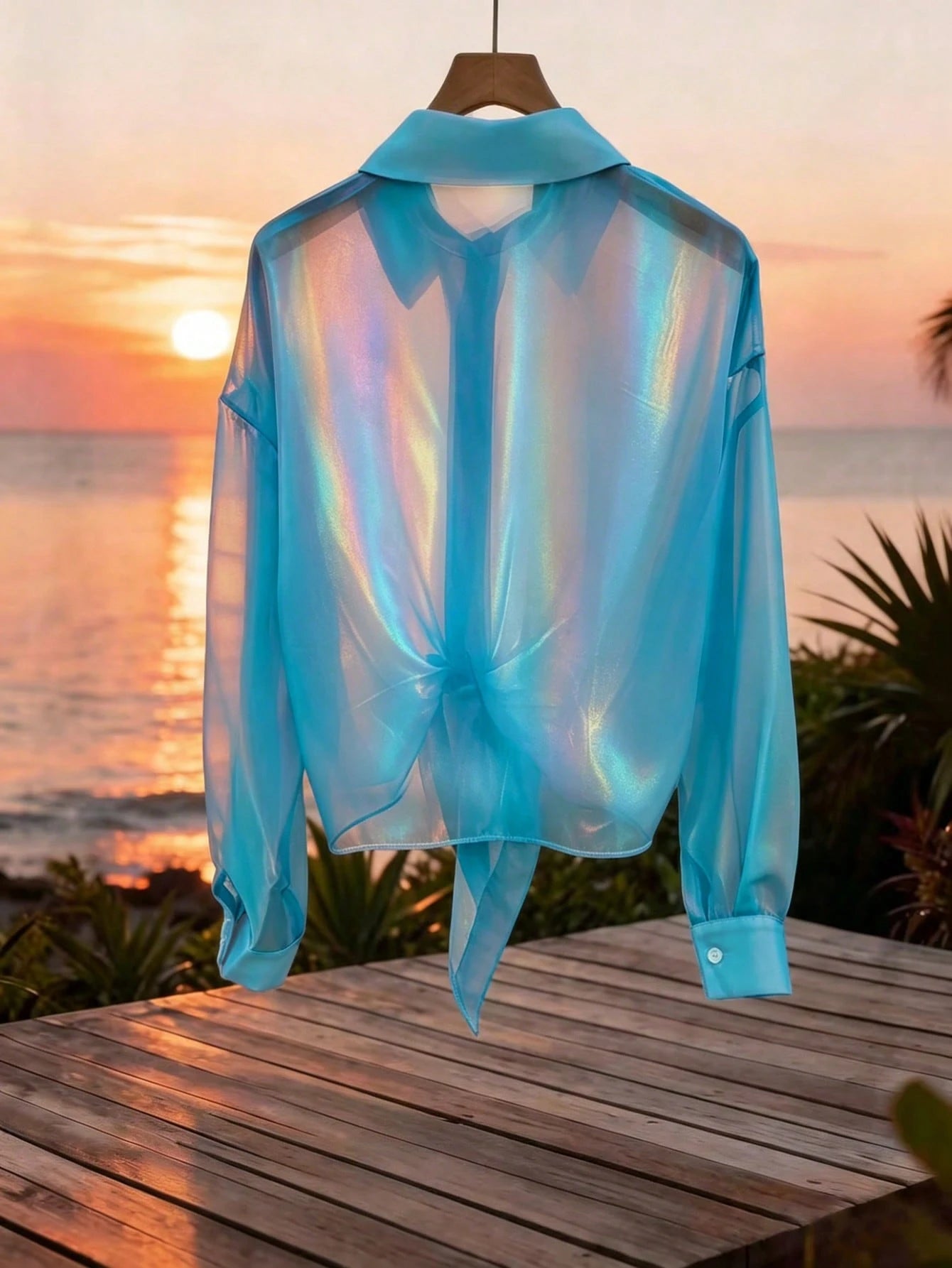 GlowEve Premium Iridescent Sheer Chiffon Tie-Front Casual Vacation Blouse For Women