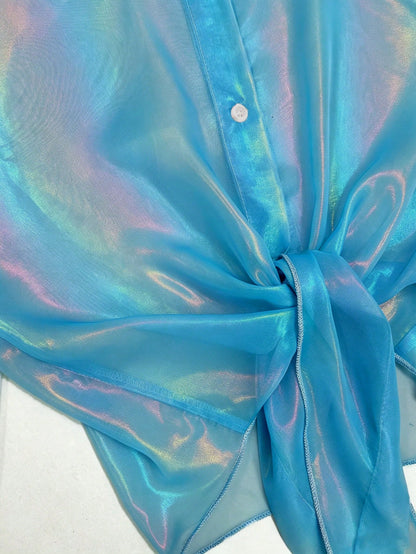 GlowEve Premium Iridescent Sheer Chiffon Tie-Front Casual Vacation Blouse For Women