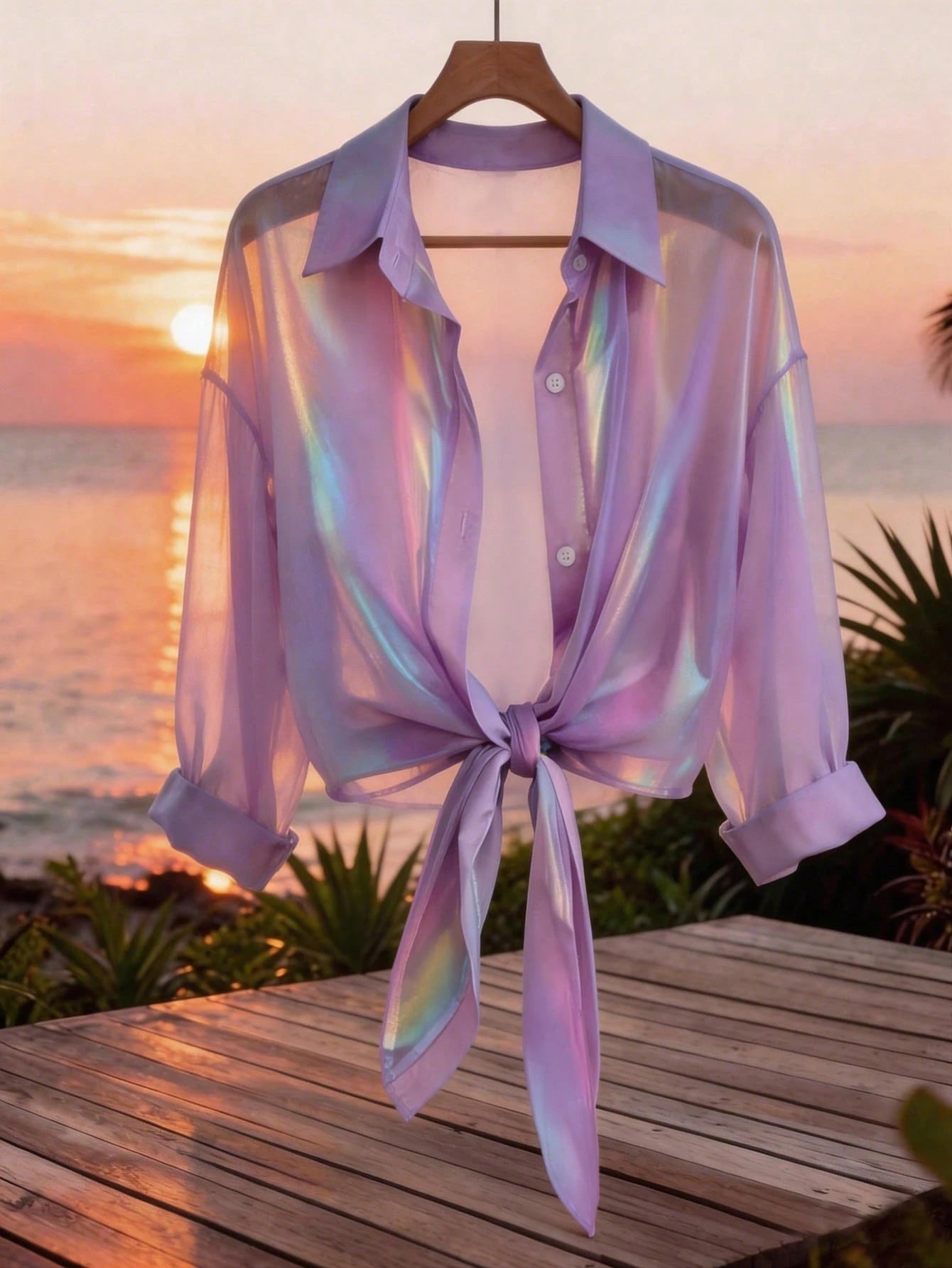 GlowEve Premium Iridescent Sheer Chiffon Tie-Front Casual Vacation Blouse For Women