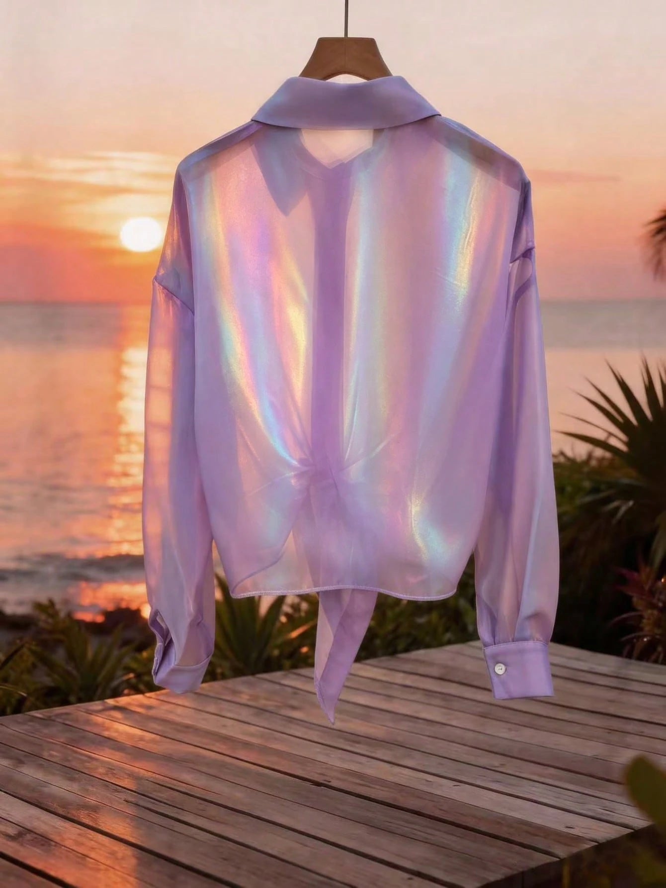 GlowEve Premium Iridescent Sheer Chiffon Tie-Front Casual Vacation Blouse For Women