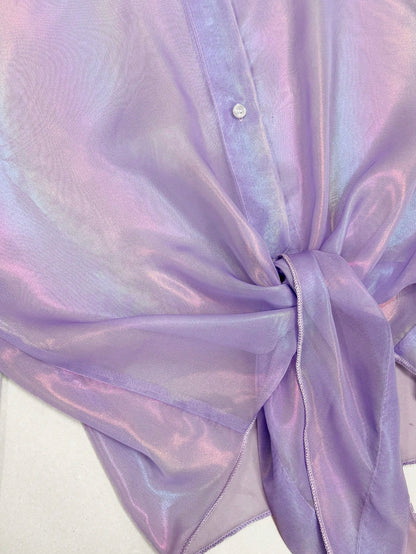 GlowEve Premium Iridescent Sheer Chiffon Tie-Front Casual Vacation Blouse For Women