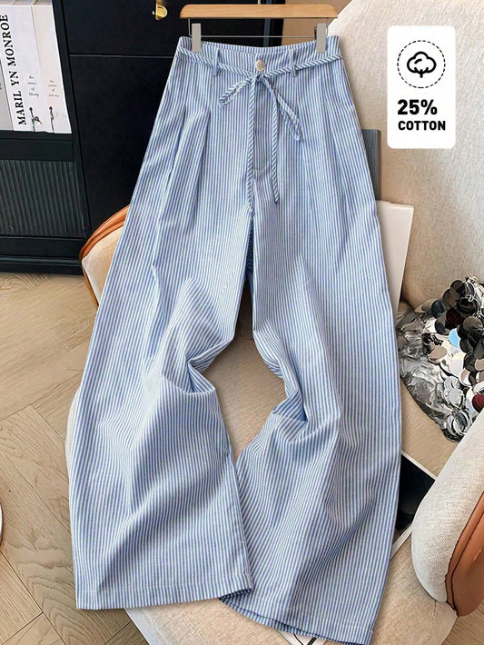 GlowEve Women's Casual Blue Striped Bamboo Knot Tie Design Wide Leg Suit Pants, Spring/Summer