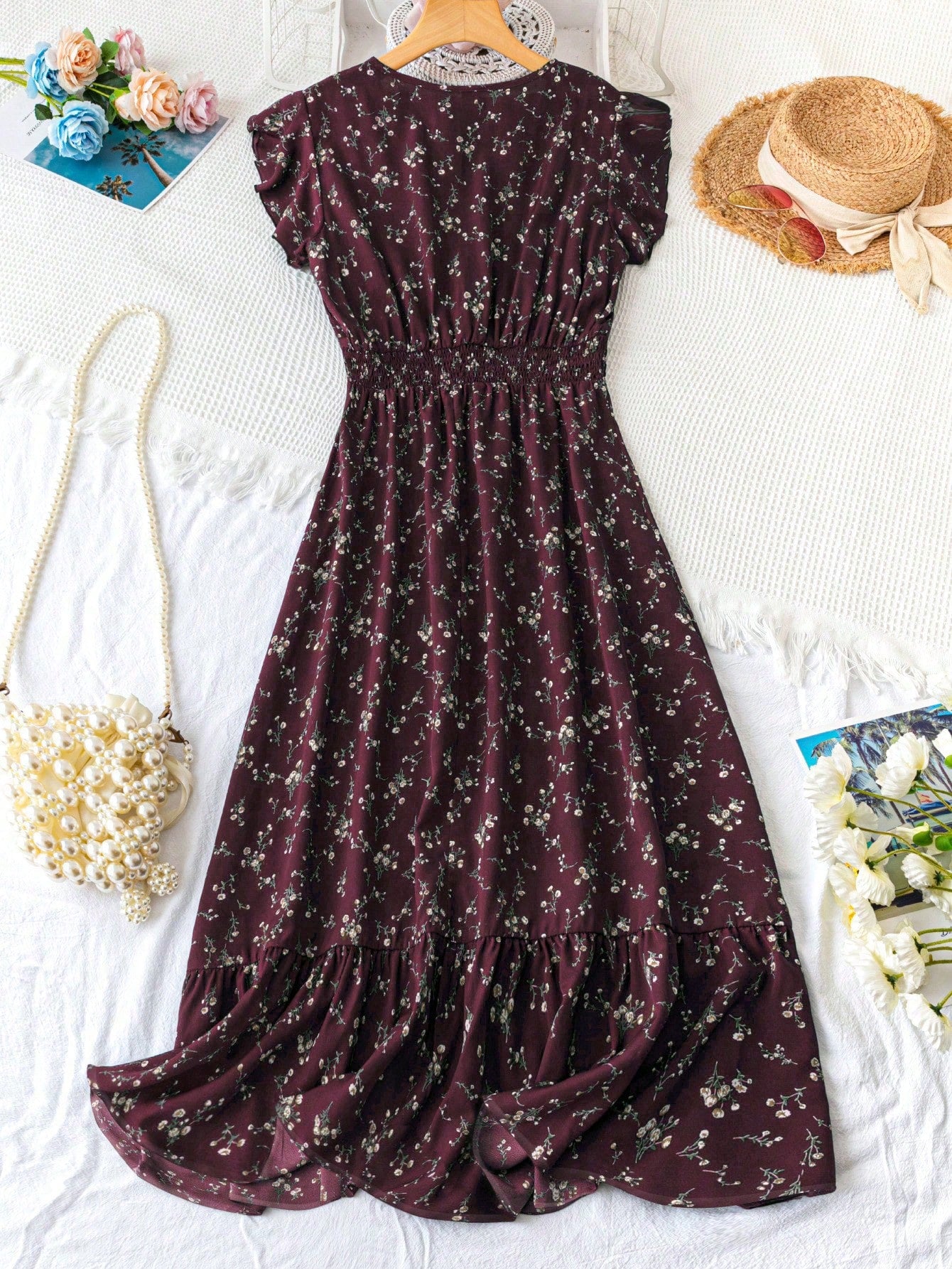 GlowEve Women's Floral Print Waist Tie Short Flutter Sleeve A-Line Dress For New Year Clothes Maxi Women Outfit