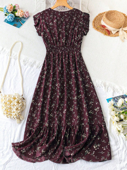 GlowEve Women's Floral Print Waist Tie Short Flutter Sleeve A-Line Dress For New Year Clothes Maxi Women Outfit