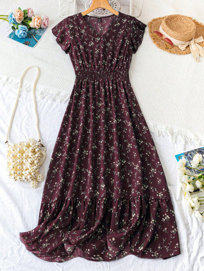 GlowEve Women's Floral Print Waist Tie Short Flutter Sleeve A-Line Dress For New Year Clothes Maxi Women Outfit