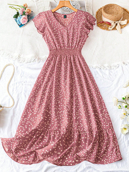 GlowEve Women's Floral Print Waist Tie Short Flutter Sleeve A-Line Dress For New Year Clothes Maxi Women Outfit