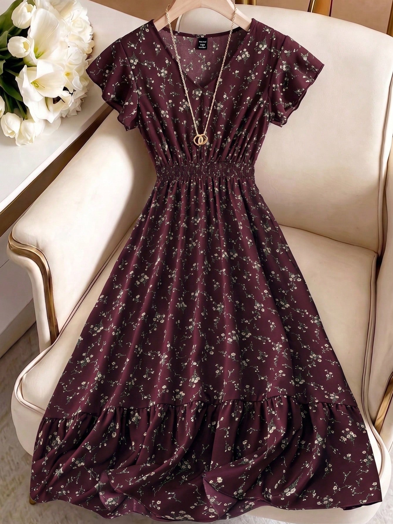 GlowEve Women's Floral Print Waist Tie Short Flutter Sleeve A-Line Dress For New Year Clothes Maxi Women Outfit