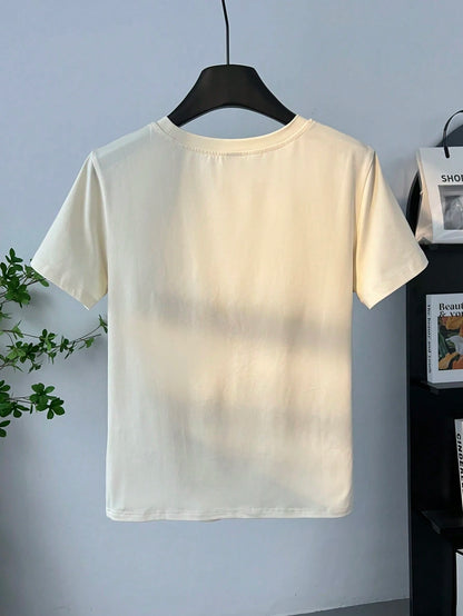 GlowEve Women's New Butterfly Floral Faux Embroidery Print Round Neck Short Sleeve T-Shirt, Summer Loose T-Shirt, Casual Elegant Style, Everyday White Flower