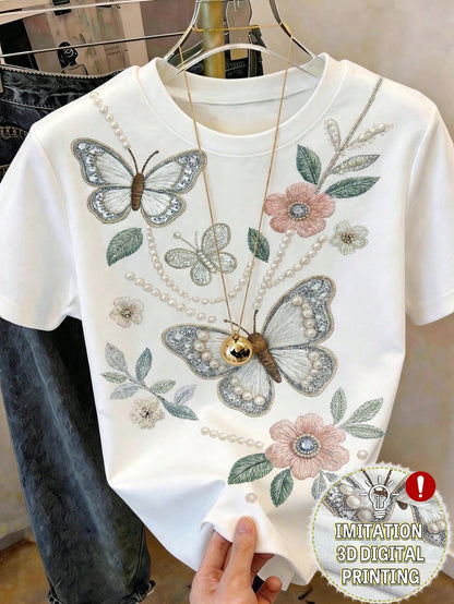GlowEve Women's New Butterfly Floral Faux Embroidery Print Round Neck Short Sleeve T-Shirt, Summer Loose T-Shirt, Casual Elegant Style, Everyday White Flower