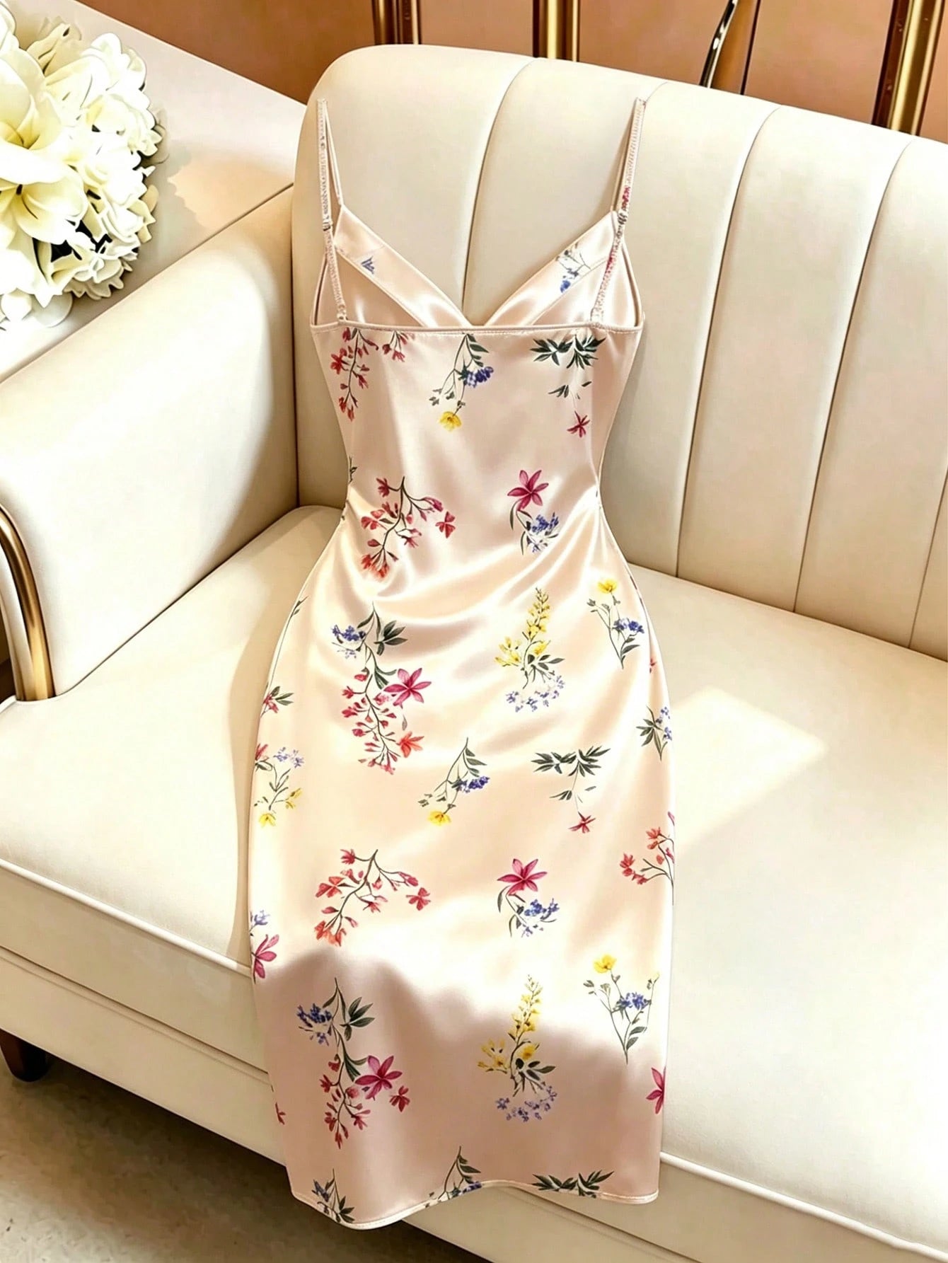 GlowEve Women's Orange Floral Satin Floral Print Slip Dress, Pearl Strap Waist-Cinched Side Slit French Elegant Romantic Maxi Dress Vacation Summer