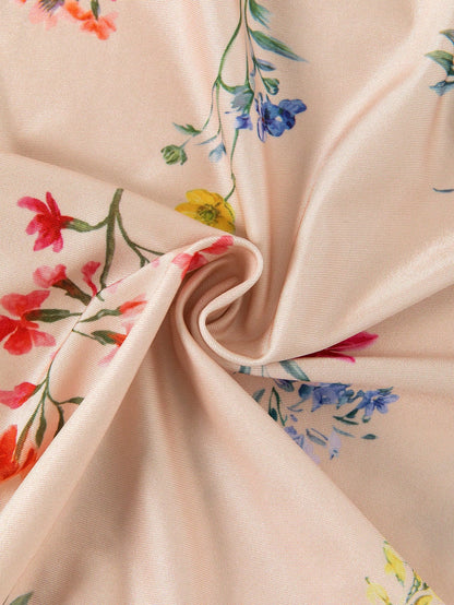 GlowEve Women's Orange Floral Satin Floral Print Slip Dress, Pearl Strap Waist-Cinched Side Slit French Elegant Romantic Maxi Dress Vacation Summer