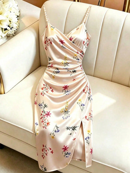 GlowEve Women's Orange Floral Satin Floral Print Slip Dress, Pearl Strap Waist-Cinched Side Slit French Elegant Romantic Maxi Dress Vacation Summer