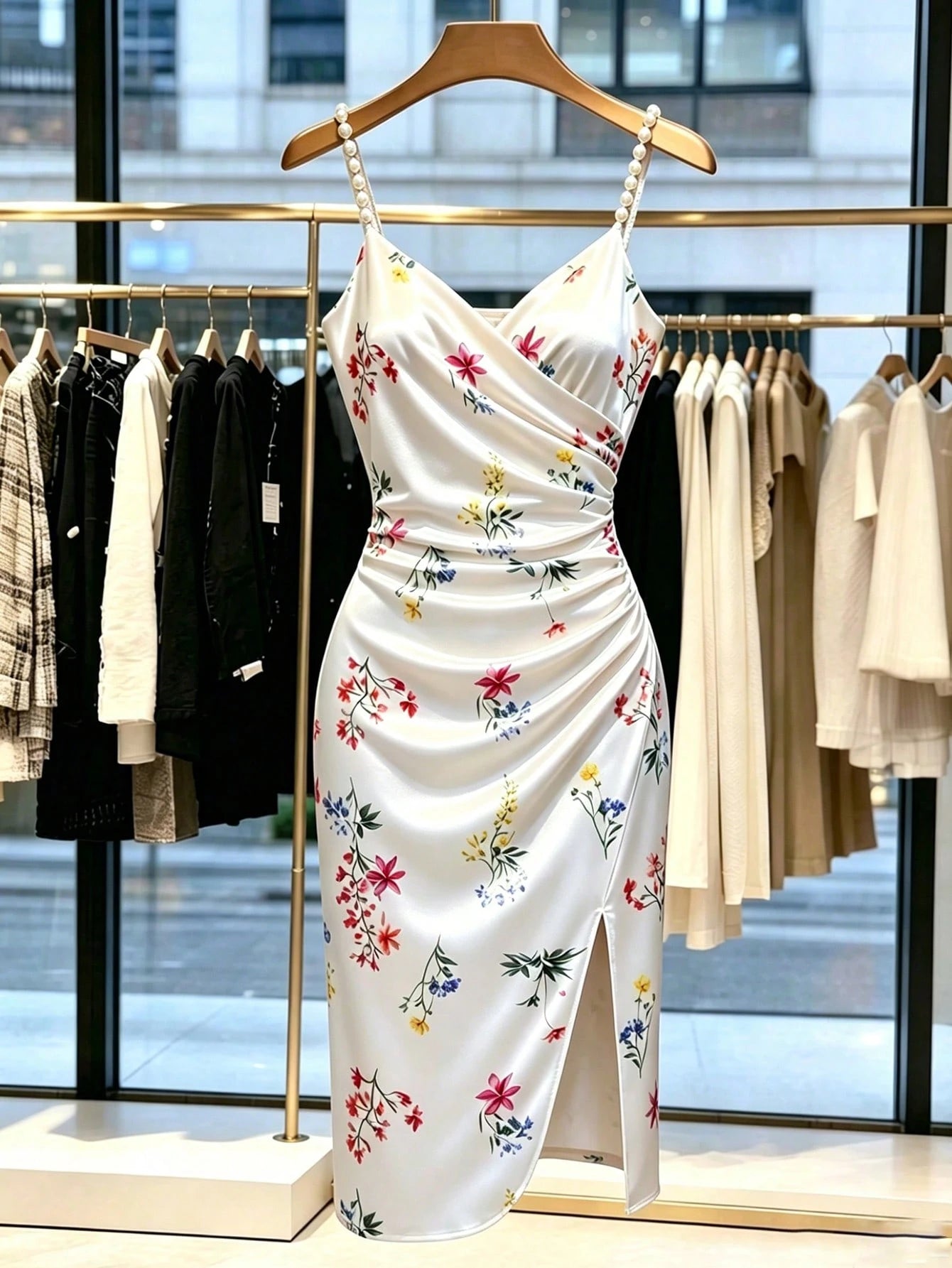 GlowEve Women's Orange Floral Satin Floral Print Slip Dress, Pearl Strap Waist-Cinched Side Slit French Elegant Romantic Maxi Dress Vacation Summer
