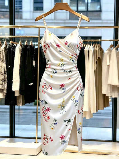GlowEve Women's Orange Floral Satin Floral Print Slip Dress, Pearl Strap Waist-Cinched Side Slit French Elegant Romantic Maxi Dress Vacation Summer