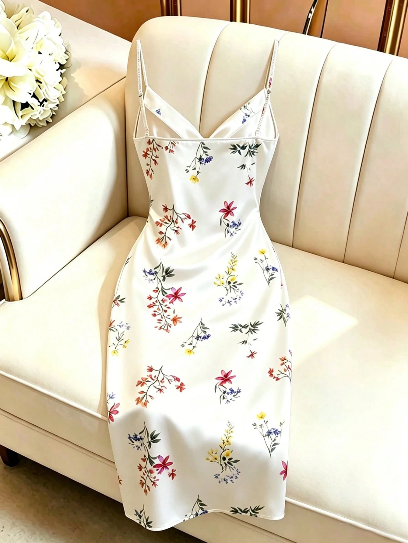 GlowEve Women's Orange Floral Satin Floral Print Slip Dress, Pearl Strap Waist-Cinched Side Slit French Elegant Romantic Maxi Dress Vacation Summer