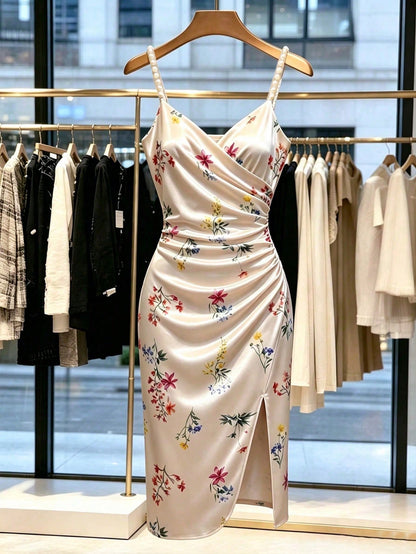 GlowEve Women's Orange Floral Satin Floral Print Slip Dress, Pearl Strap Waist-Cinched Side Slit French Elegant Romantic Maxi Dress Vacation Summer