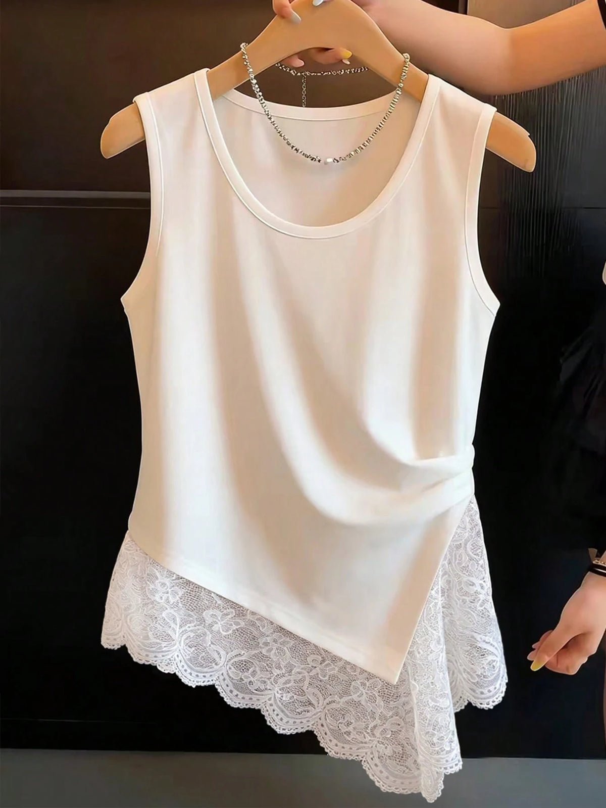 GlowEve Women's Ribbed Lace Hem White Tank Top, Delicate Spring/Summer Vacation Style