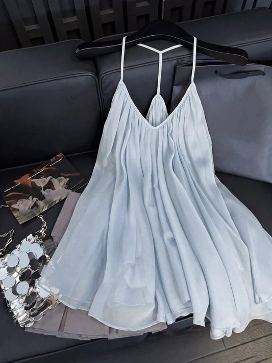 GlowEve Women's Solid Color Sheer Chiffon Ruched V-Neck Camisole Loose Fit Voluminous Gathered Backless Lined Camisole Top, Exquisite Elegant French Vintage Formal Office Commute Casual Vacation After