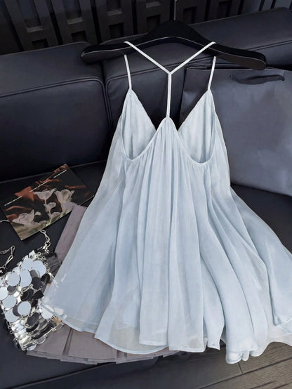 GlowEve Women's Solid Color Sheer Chiffon Ruched V-Neck Camisole Loose Fit Voluminous Gathered Backless Lined Camisole Top, Exquisite Elegant French Vintage Formal Office Commute Casual Vacation After