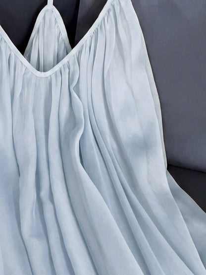 GlowEve Women's Solid Color Sheer Chiffon Ruched V-Neck Camisole Loose Fit Voluminous Gathered Backless Lined Camisole Top, Exquisite Elegant French Vintage Formal Office Commute Casual Vacation After