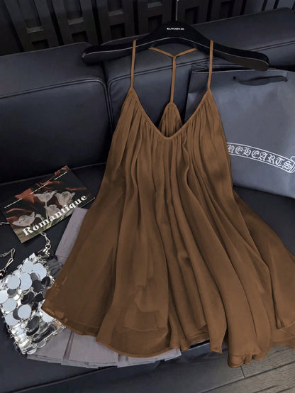 GlowEve Women's Solid Color Sheer Chiffon Ruched V-Neck Camisole Loose Fit Voluminous Gathered Backless Lined Camisole Top, Exquisite Elegant French Vintage Formal Office Commute Casual Vacation After