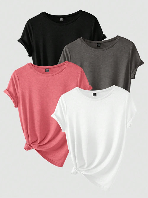 GlowEve Women's Summer Plain Round Neck Short Sleeve Casual T-Shirt 4pcs/Set