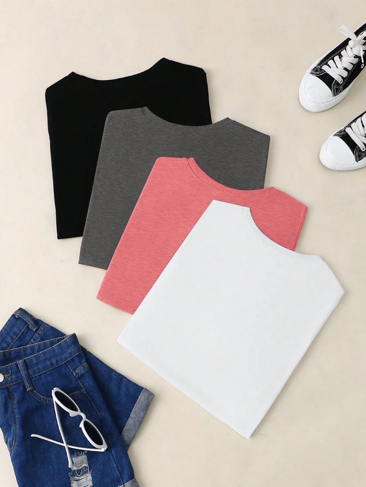 GlowEve Women's Summer Plain Round Neck Short Sleeve Casual T-Shirt 4pcs/Set