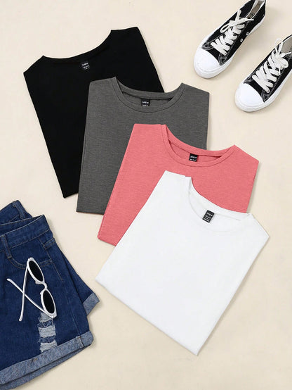 GlowEve Women's Summer Plain Round Neck Short Sleeve Casual T-Shirt 4pcs/Set