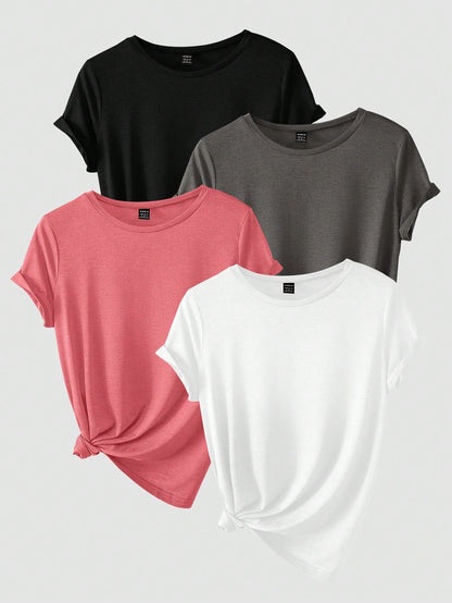 GlowEve Women's Summer Plain Round Neck Short Sleeve Casual T-Shirt 4pcs/Set