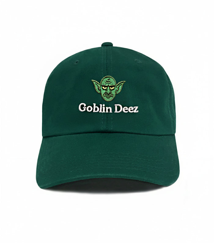 Goblin Deez Dad Hat – Forest green embroidered 6-panel dad hat with goblin design. Funny meme dad hat & best gift for dads.